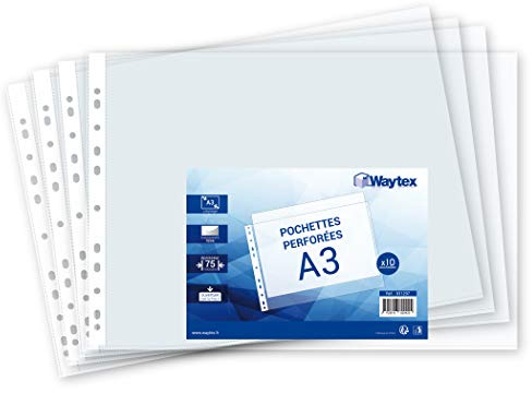 Waytex Chemise Pochette perforée A3, épais 7.5/100, Sachet de 10 (Ouverture Haut)