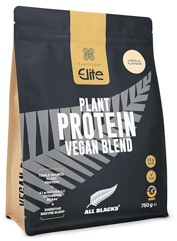 Healthspan Elite All Blacks Plant Protein Vegan Blend (750g) | Vanilla Flavour | 23g Plant Protein - Fava Bean, Rice & Chickpeas | 4.1g BCAAs | Muscle Mass & Strength | Complete Amino Acid Profile
