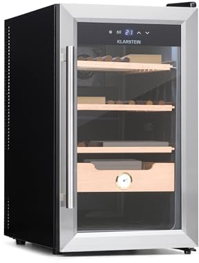 KLARSTEIN El Presidente - Humidor per Sigari, Armadio Termoelettrico con Sportello in Vetro, con Ripiani in Legno di Cedro, Igrometro, Luce Interna LED, 48 Litri, Argento