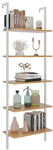 SogesHome Leiterregal Stehend 5 Etagen Wandregal für Küche Wohnzimmer - Multifunktionales Stufenregal 58 * 180cm Metall Pflanzenständer - Weiß und Eiche