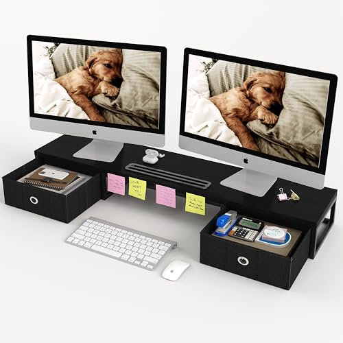 Dual Monitor Stand Riser mit 2 Schubladen - 100CM große Lagerung Computer Monitorständer für 2 Monitore, hölzerne Desktop Organizer perfekt für Home-Office-Schreibtisch, Computer, Laptop, TV, Schwarz