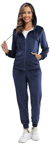 Enjyam Damträningsdress i velour, mysig Nicki-hemmadress, tvådelad joggingdress i mjuk sammet med ribbad jacka med dragkedja och byxor med ficka