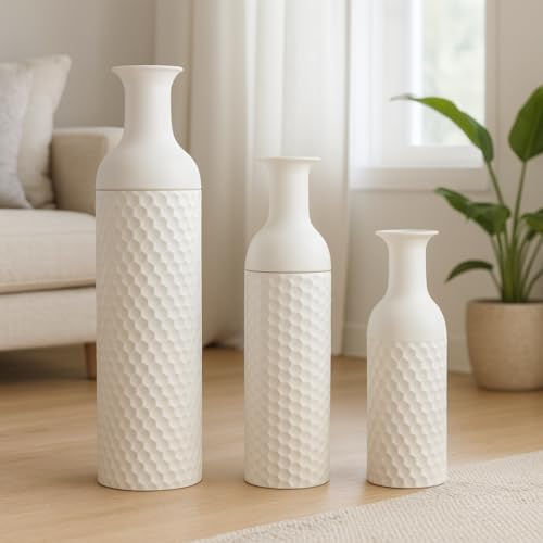 Leewadee Lot de 3 Grands Vases sur Pied 65/53/41 cm - Hauts Vases en Métal Blanc pour Décoration Maison
