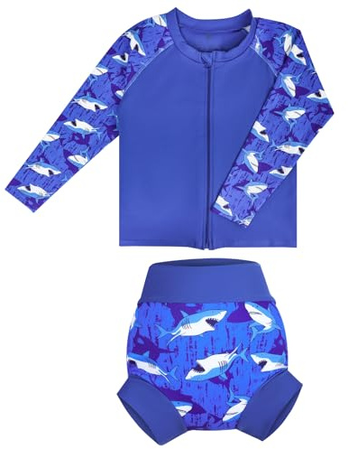 FLYISH DIRECT Traje de baño Infantil bebé niño de 2 Piezas Anti-UV, UPF 50+ Niño Camiseta Natación Manga Larga con Cremallera + Pañal Natación Reutilizable, Rashguard Niño Tiburón Secado Rápido, M