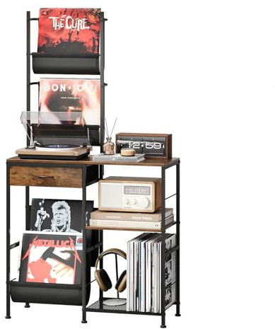 VEDECASA Scaffale per dischi con 1 cassetto e 3 ripiani, scaffale vintage in legno e metallo per un massimo di 150 dischi in vinile, supporto per LP con piano per giradischi, tavolino per il soggiorno