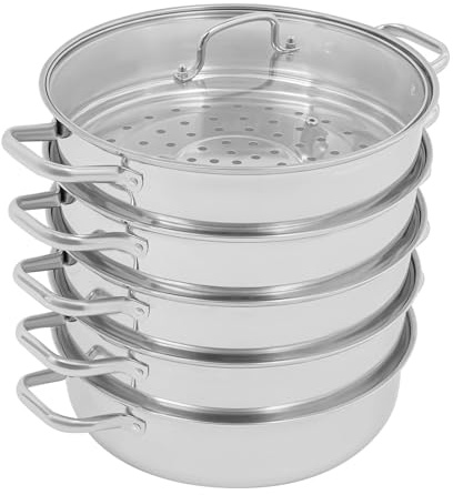Donened - Ångkokare, ångkokare, kastrull i rostfritt stål med glaslock och 4 ånggaller, ångkokare induktion, för gasspisar, induktionshällar, elektriska spisar (silver 32 cm)