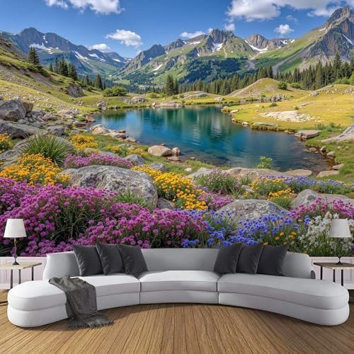 SMBHIAON Papier peint panoramique artistique 450×315 CM - Revêtement mural décoration chambre salon - Paysage De Lac Alpin - Jaune - Motif De Fleurs Sauvages Luxuriantes