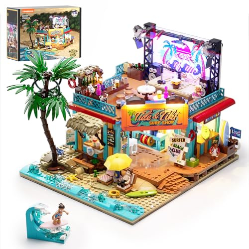 Lumibricks Boutique de Surf Modèle de Construction Lumineux, Style Vacances Plage Hawaïenne, Bar de Plage en Plein Air avec Scène à Lumières Disco, Cadeau pour Amateurs de Surf et de Briques, 20004
