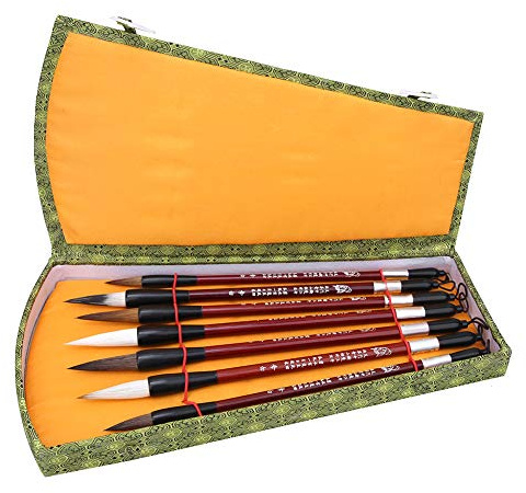Pincel de caligrafía, 7 Piezas, Pluma de caligrafía, Pelo de comadreja, Mango de Madera, Juego de Pluma Tradicional China con Caja de Regalo para Artistas Principiantes