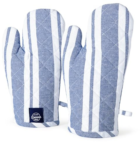 Encasa XO Long 12x7 Oven Microwave Hand Gloves Mitts (2 pc Set) for Kitchen Cooking & Baking - Heat Resistant, Thick & Safe, Protection of Hands from Hot Utensils - Franca Blue Stripes