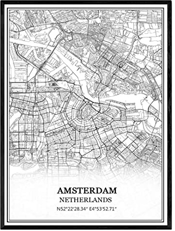 Amsterdam Nederländernas karta väggkonst canvastryck affisch konstverk utan ram modern svart och vit karta souvenir gåva heminredning 23 x 28 cm