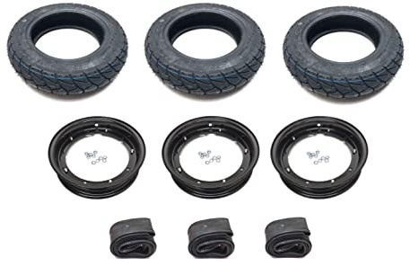 3x Allwetterreifen 100/90-10 M+S passend für Piaggio Ape 50 TM – Kompletträder Satz inkl. Felgen & Schläuche, Schwarz, Ganzjahresreifen