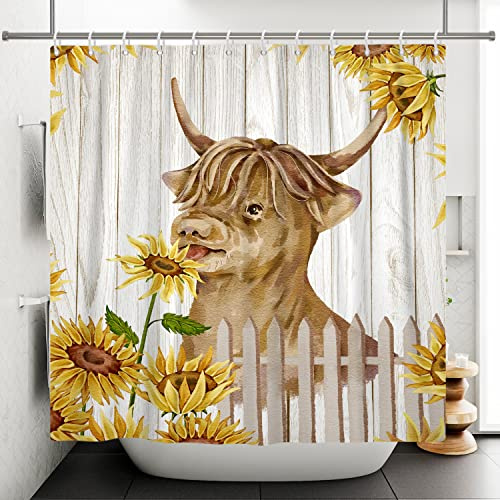 Ttincceer 180x180cm Divertido Vaca Cortina de Ducha Acuarela Highland Vaca Granja Animal Cortina de baño Vintage Granero Pastoral Animales Girasol Cortinas de Ducha Impermeable bañera Cortina