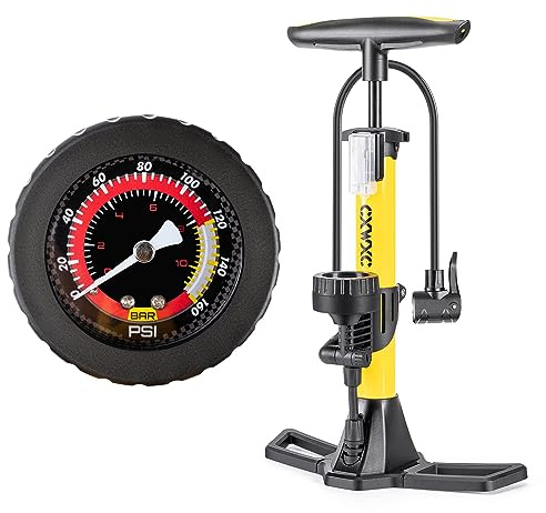 Bike Pump with Pressure Gauge- 160 PSI Bicycle Floor Pump fits Presta & Schrader Valve - Bike Pump with Air Ball Pump Inflator (Yellow)