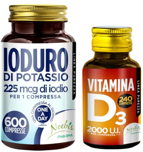 Set di Integratori Metabolismo + Vitamina D - 225 mcg di Iodio per 1 Compressa Alto Dosaggio +Vitamina D3 2000 UI 240 Compresse