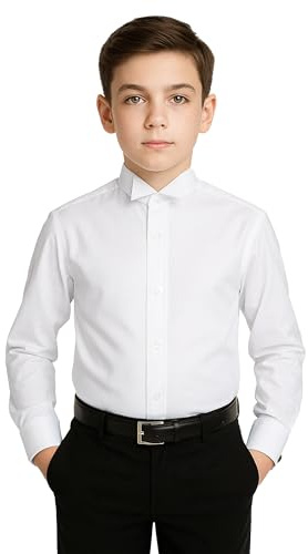 SIRRI Boys Slim Fit Tuxedo Shirt with Wing Fly Collar and Detachable Cufflinks - Cotton Blend White Dress Shirt for Formal Occasions Size 9-10 Years
