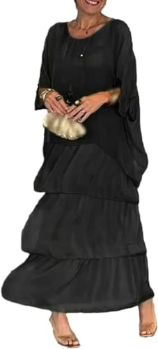 Robe ample de style artistique, robe décontractée pour femme avec manches chauve-souris en A, col rond avec manches 3/4 pour les vacances maxi (Noir, M)