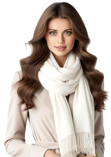 LA FERANI Damen Kaschmir Schal dünn leicht Herbst Winter 185x65 Kaschmirschal Damenschal Stola Weiß geschmeidig stilvoll elegant einfarbig Uni Farbe (Weiss)