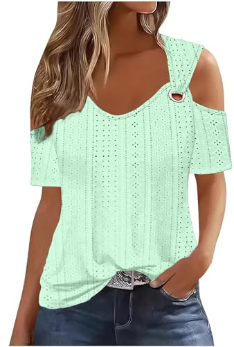 Tops De Verano para Mujer, Camisetas De Manga Corta con Y Hombros Descubiertos, Top Informal Liso con Huecos, Camisetas Básicas 2024 Camiseta Manga Larga Mujer Camiseta Mujer