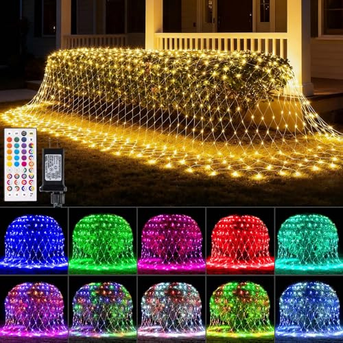 LitHome 204 LED Color Changing Christmas Net Lights,9.8ft x 6.6ft Connectable Mesh Lights with Remote, Waterproof Plug in RGB Halloween Purple Orange Net Light for Bushes,Garden,Backyard,Outdoor Decor