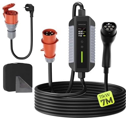 Typ 2 Ladekabel 11kW mit CEE-Stecker, [7M | 6-16A | 3-Phasig] mit Einstellbarer Ladeleistung, Mobile Wallbox/Ladestation & EV-Ladegerät für Model 3/Y/S/X, E-3008/E-308, ID.3/ID.4/e-Golf/andere EV
