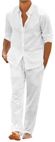 Tenue d'été pour homme 2 pièces - Survêtement de sport 2 pièces - Pantalon + chemise en lin - Ensemble complet à manches courtes - Survêtement vintage décontracté - Ensemble de sport pour homme - 2