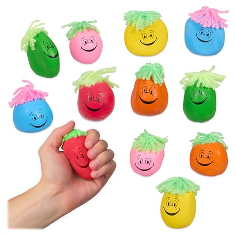 Relaxdays Palline Antistress, con Smiley e Capelli, Set 12 Palle Morbide da 6 cm, Gioco per Bambini e Adulti, Colorati
