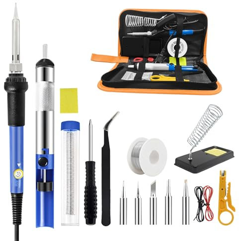 Soldering Iron Kit, 60W Adjustable Temperature 200-450°C Soldering Iron Kit Welding Tool with 5 Soldering Tips, Desoldering Pump, Tin Wire Tube, Stand, Tweezers, for Beginners, Welders, Enthusiasts