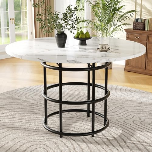 SUKY Mesa de comedor redonda (100 × 100 × 76 cm), mesa de cocina, mesa de café redonda para 4 – 6, adecuada para comedor, sala de estar, patas de mesa anillo, tablero de madera MDF mármol (patas