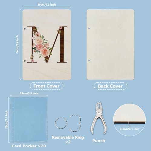 SUPERDANT Letter M Greeting Card Organizer Flowers Planning Book Binder Card Keeper Birthday Wooden Postcard Storage Photo Album Cover with Punch and 20pcs Inner Pockets Personalized Gifts