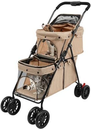 soudesileim hundvagn med 2 våningar, hopfällbar kattvagn med säkerhetsbälten, bromsar, vardera nivå upp 15 kg/nertill 15–20 kg, små och medelstora hundar och katter, hundvagn (kaki färg)