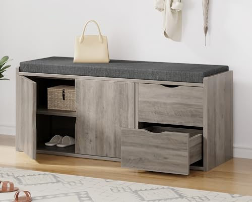 LVB Banc de rangement à 2 niveaux avec coussin rembourré, banc à chaussures d'entrée avec 2 tiroirs, 2 portes de grange et étagère réglable, style industriel pour foyer, chambre à coucher, salon