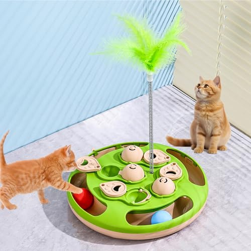 Cat Puzzle Toys Games Level 3 in 1 with Track Balls, Interactive Mentally Stimulating cat toys for IQ Training,Feather Teaser & Treat Feeder, Enrichment for Indoor Cats, Kitty Gift (Green)