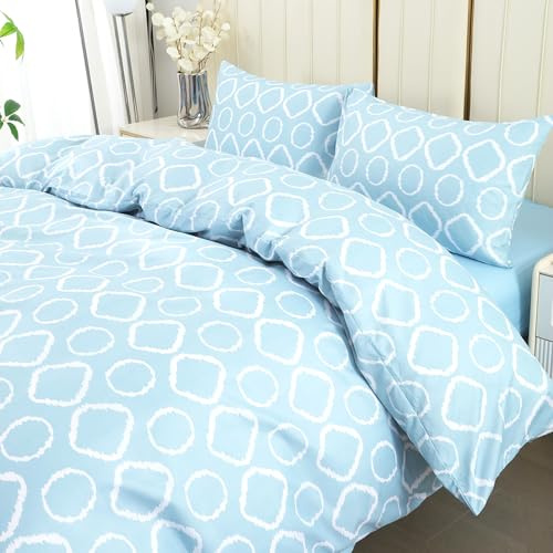 DECODEKO Juego Funda Nórdica 4 Piezas para Cama 150 - Funda Nordica 240x220cm, Bajera 150x200cm, 2 Fundas Almohada 50x75cm, Estampado Círculos Azul Claro, Microfibra Suave Transpirable