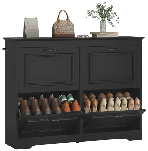 Brinlawb Meuble à Chaussures Entree, Armoire à Chaussures avec 4 Portes abattantes, Séparateur Réglable, Peut contenir 18 à 24 Paires de Chaussures pour entrée, Couloir, séjour, Chambre, Noir