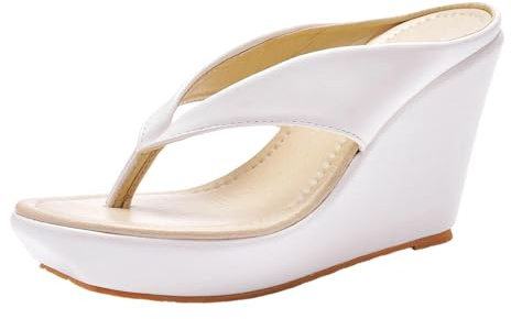Générique Sandales Plage Bohèmes Talons Épais 9cm Tong Bout Séparé Orteil Femme Estivale Confortable (White, 38)