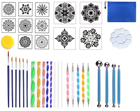 Becho Set di 31 strumenti per punteggiare Mandala, diversi stencil Mandala, vassoio per pittura, pennelli, bastoncini acrilici e altro per la pittura di pietre, artigianato, nail art, ecc.