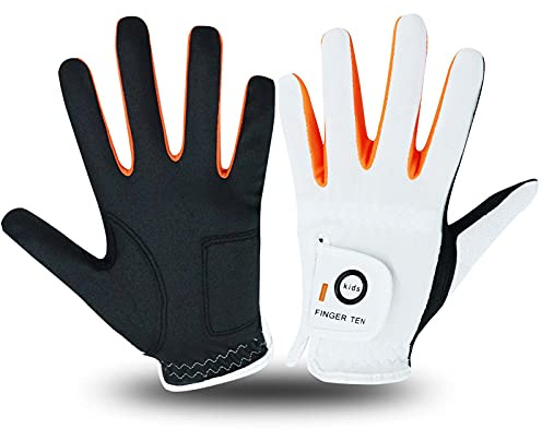 FINGER TEN Golf Gloves Kids All Weather Soft for Left and Right Hand Rain Grip Breathable Value Pair, Golf Gloves for Girls Boys Wear-Resistant Non Slip Comfortable (White/Black, Medium)
