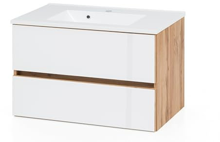 Waschtisch Helina 80 cm mit 2 Schubladen – Eiche / Weiß