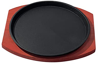 LOVIVER Plato para bistec de Hierro con Base de Madera Tamaño Personal Sartén Redonda para Asar Sartén Parrilla para Servir en Restaurante, 21CM
