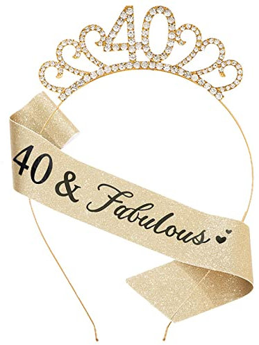 MIOSJI 40th Birthday Sash and Crystal Tiara Crown for Women 40th Birthday Gift Party Accessories Decorations (Gold)