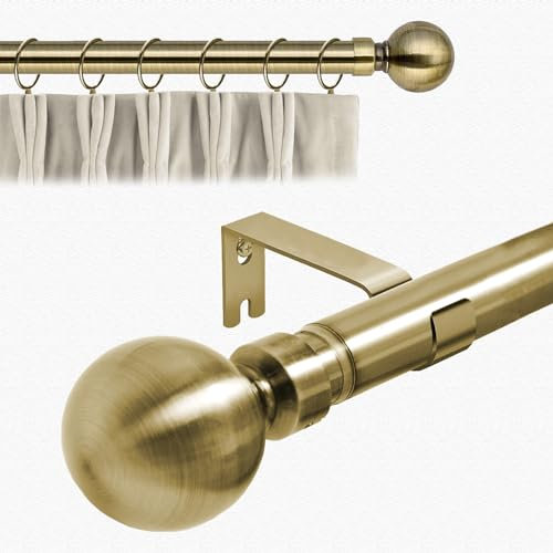 Aspire Homeware Curtain Poles Metal Plain Ball Extendable Curtain Pole 160 cm to 300 cm Antique Brass Adjustable Curtain Rod 28 mm Diameter with 60 mm Finials, Rings, Brackets, and Fittings Set