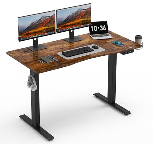 Mondeer Höhenverstellbarer Schreibtisch 120x60 cm, Elektrisch Ergonomischer Stehpult mit 3 Höhen Memory Funktion, Vintage Braun Tischplatte und Schwarz Rahmen