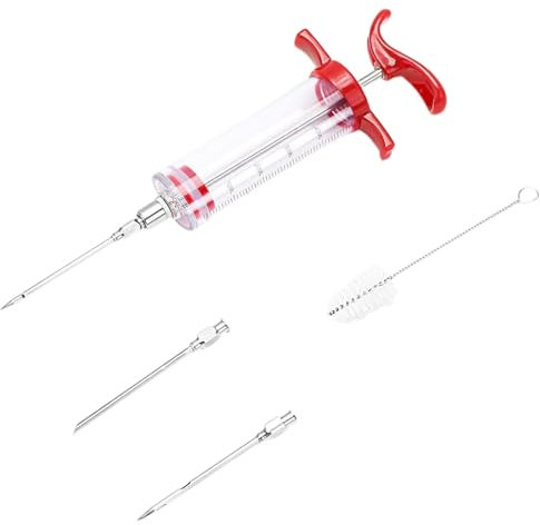 Plastic Marinade Injector Syringe with Screw-on Meat Needle for BBQ Grill, 1-oz, Red, Turkey Injector, Meat Injector