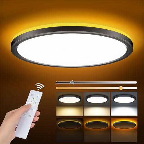 ONEWAY LED Ceiling Lights for Bedroom,24W 2400lm Dimmable Bathroom Lights Ceiling Lights Living Room with 1800K Night Light & 3000-6500K,Smart Flush Ceiling Light for Kitchen Hallway OfficeØ29CM-Black