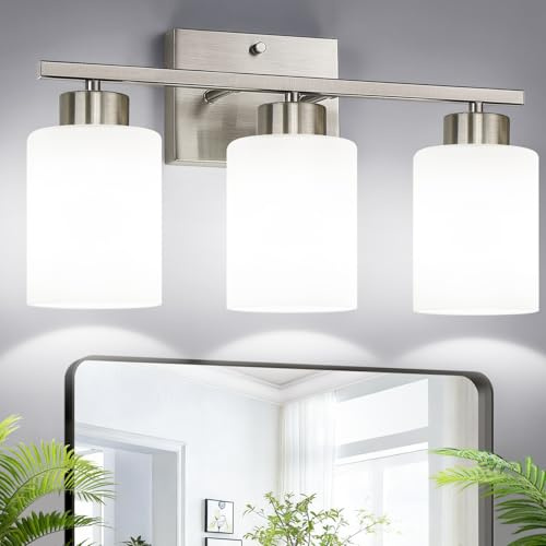 Brushed Nickel Bathroom Light Fixtures with Milk Glass Shades, Eye-Friendly 3 Light Vanity Lights for Bathroom, Vanity Lights with E26 Socket (Bulbs Not Included), for Mirror, Bedroom, Hallway