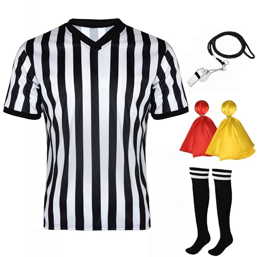 Referee Shirt for Men Women V-Neck Stripe Umpire Jersey Halloween Costume Set (Medium)