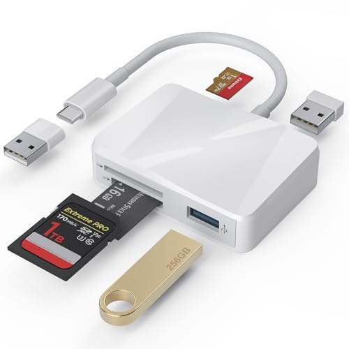 SD Card Reader, 5 in 1 USB-C & USB Card Adapter with SD/MicroSD/MS and Dual USB-A Ports Memory Card Reader for iPhone 17/16/15 Pro Max iPad MacBook Pro/Air M4/M3 Android Phone/Tablet PC (White)