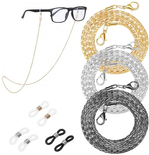 Ouligay 3 Pieces Eyeglass Chain for Women, Stainless Steel Glasses Strap Stylish, Gold Silver Black Glasses Chain, Eye Glass Chains Women Elegant Sunglasses, EyeGlasses Holders Around Neck