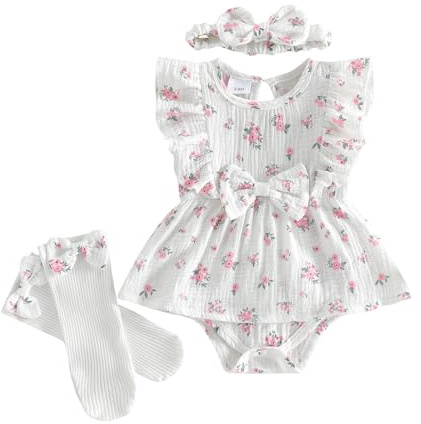 Yigubigu Infant Baby Girls Summer Clothes Outfits Flower Print Short Sleeve Romper Dress Bow Headband and Stockings Set 3Pcs (Beige, 0-3 Months)